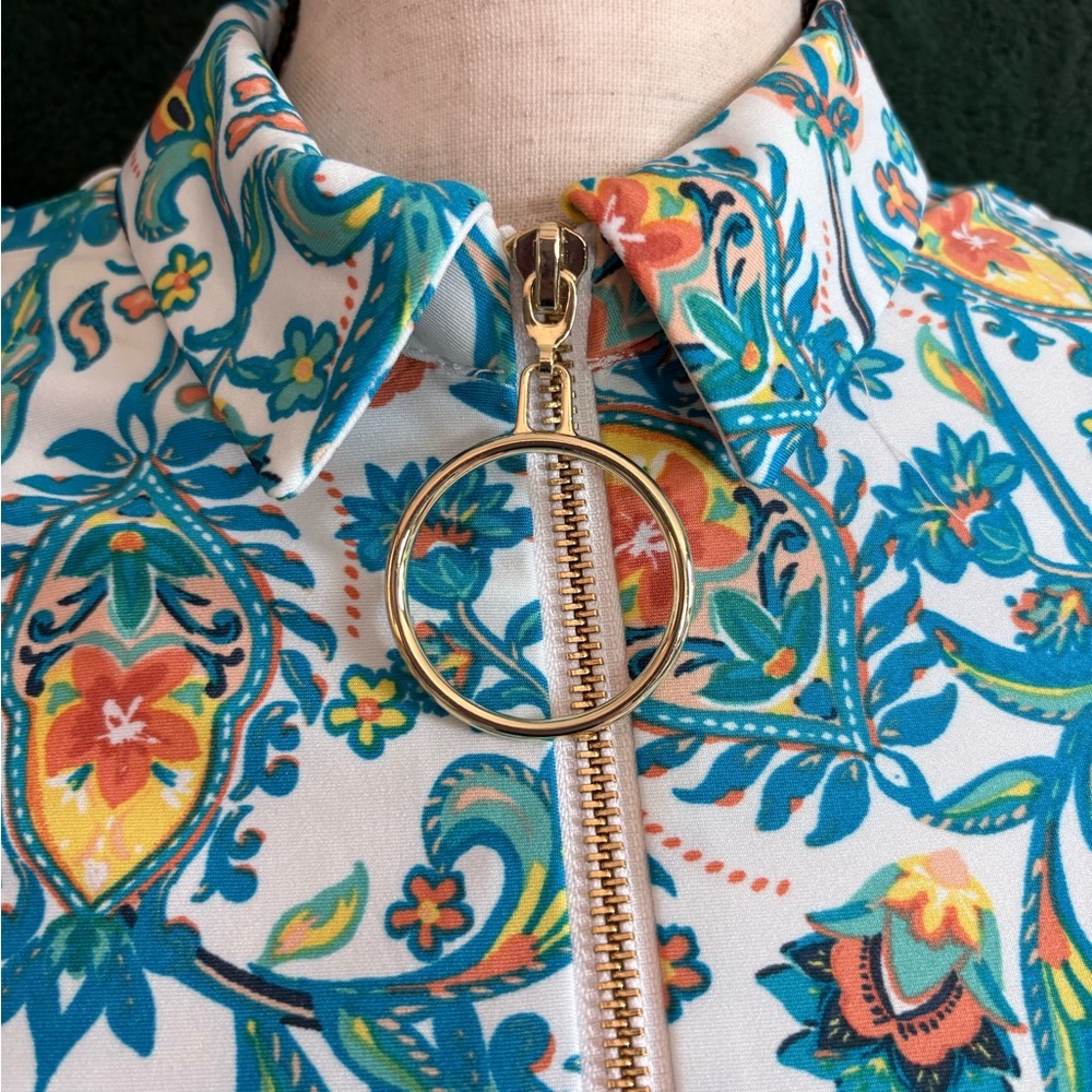 MSK Teal and White Floral Collared Midi Dress with Orange Accents - Picture 3 of 6